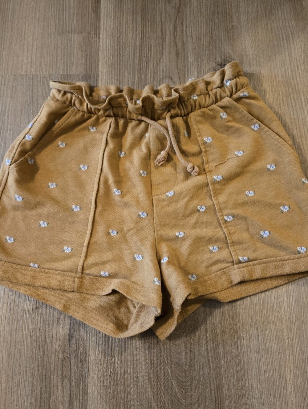 Floral Motif Mustard Drawstring Shorts